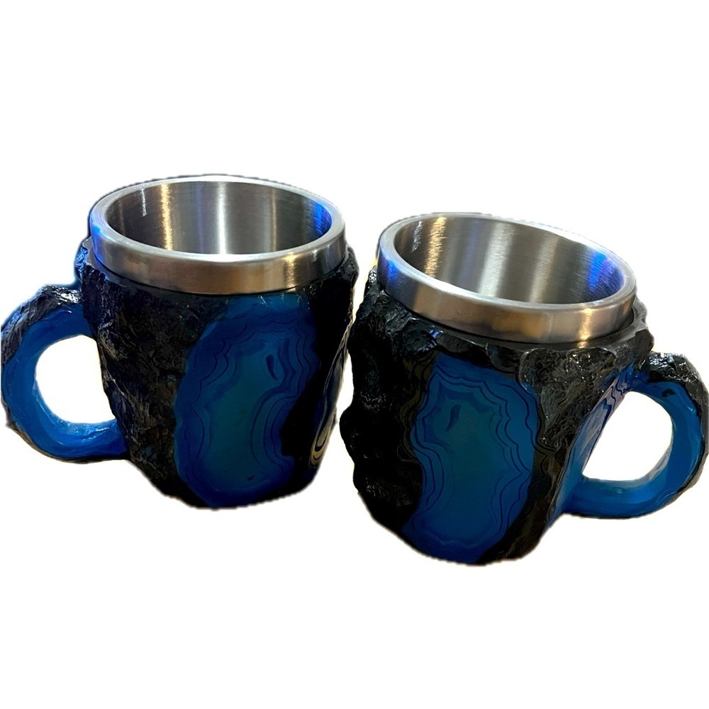 Blue Agate Inspired Stone Mugs with Stainless Steel Inserts (2)